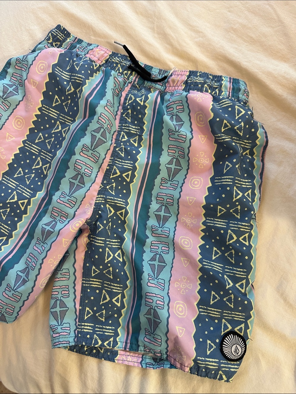 Volcom Boys Geometric Swim Trunks in Teal, Pink & Navy